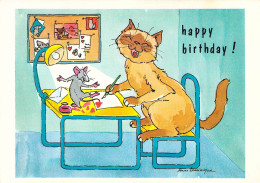 ANNIVERSAIRE - Un Chat Et Une Souris écrivent Une Lettre - Coeur - Bureau - Carte Postale Ancienne - Geburtstag