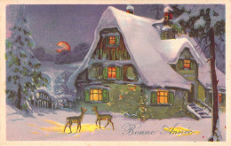 FETES & VOEUX - Village Enneigé Avec Deux Biches - Bonne Année - Carte Postale Ancienne - Nouvel An