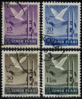 Türkiye 1947 M 1186-1189 Izmir International Fair | Dove And Flag Decorated Banderol, Flagpoles, City View From Izmir - Used Stamps