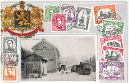 Représentation De Timbres - Souvenir De La Belgique - Houffalize - Arrivée Du Vicinal - Carte Postale Ancienne - Briefmarken (Abbildungen)