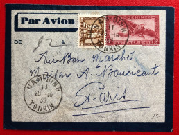 Indochine, Entier-Avion + Complément TAD NAM-DINH, Tonkin 25.10.1939 Pour La France - (A050) - Cartas & Documentos