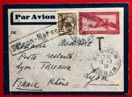 Indochine, Entier-Avion R. + Complément TAD KONTUM, Annam 12.7.1938 + TAXE Au Verso Pour La France - (A075) - Brieven En Documenten