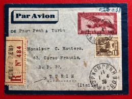 Indochine, Entier-Avion R. + Complément TAD PHNOM PENH, Cambodge 1.4.1938, Pour L'Italie - (A234) - Cartas & Documentos