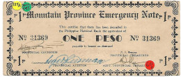 PHILIPPINES MOUNTAIN  Province ONE Peso  #595a 4  (2 Lignes égales)  Contresigné Municipalité BAUKO  Neuf - Philippines