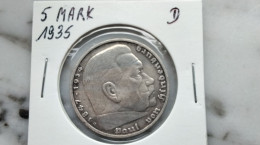 5 Mark Reichmark Hindenburg 1935 D Allemagne En Argent Empire Allemand - 5 Reichsmark