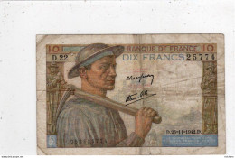 Billet -  FRANCE - 10 Francs  MINEUR - D . 22   - D . 26 - 11 - 1942 . D        25774 - 10 F 1941-1949 ''Mineur''