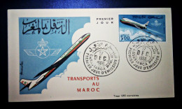 MOROCCO  MAROC TIMBRES  ENVELOPPE  FDC COVER  PREMIER JOUR TRANSPORTS LA R.A.M 1966 CASABLANCA TIRAGE 1250 EXEMPLAIRES - Maroc (1956-...)