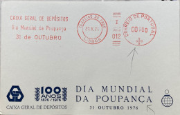 PORTUGAL 1976, COVER CARD, ILLUSTRATE BANK. SPECIMAN METER SLOGAN, CAIXA GERAL DE DEPOSITOS DIE MUNDIAL DA POUPANCA, LIS - Storia Postale