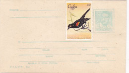 JOSE ANTONIE ECHEVERRIA, COVER STATIONERY, ENTIER POSTAL, RED WINGED BLACKBIRD STAMP, 1969, CUBA - Storia Postale