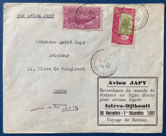 1937 Cote Des Somalis N°129 & 136 Lettre Par Avion JAPY Raid ISTRES DJIBOUTI Adréssée à ANDRÉ JAPY Et Signé Par Lui ! - Storia Postale