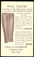 U.S.A.(1925) Puttee. Belt. Postal Card With Illustrated Ad For Chas. S. Warshaw Leather Goods. - 1921-40