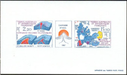 F.S.A.T.(1987) Volcanic Cross-sections. Mt. Ross. Map Of Kerguelen Island. Deluxe Sheet Of Triptych. Scott 141a, Yt 139a - Geschnittene, Druckproben Und Abarten