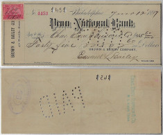 USA 1899 Penn National Bank Check Brown & Bailey Company Agency Philadelphia Fiscal Revenue Stamp 2 Cents Documentary - Cheques & Traveler's Cheques