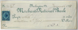 USA 1881 Merchants National Bank Check Agency Burlington Fiscal Revenue Stamp 2 Cents Internal Revenue Department - Cheques & Traveler's Cheques