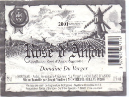 Etiket Etiquette - Vin Wijn - Rosé D' Anjou - Domaine Du Verger - 2001 - Moulin - Vino Rosato