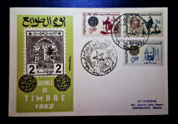 MAROC TIMBRES  ENVELOPPE  FDC PREMIER JOUR  JOURNEE DU TILMRE COINS 1962 RABAT FES DANDINE - Maroc (1956-...)