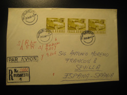 BUCHAREST 1968 To Sevilla Spain Auto Car Van 3 Stamp + Poster Stamp Vignette On Registered Air Mail Cancel Cover ROMANIA - Lettres & Documents
