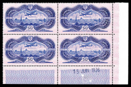 N°15, 50F Burelé En Bloc De Quatre Coin De Feuille Daté Du 15 Juin 1936, SUPERBE (certificat)  Qualité: **  Cote: 7500 E - Luftpost