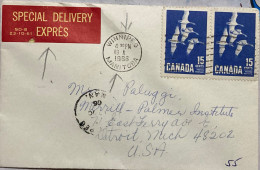 CANADA-1966, COVER USED TO USA, ETIQUETTE SPECIAL DELIVERY EXPRES, SD-8 23-10-61, YELLOW ON RED, WINNIPEG & DETROIT CITY - Lettres & Documents