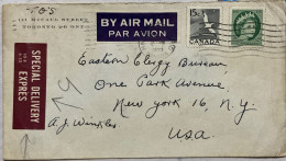 CANADA 1955, COVER USED TO USA, ETIQUETTE SPECIAL DELIVERY EXPRESS, SD-8, 6-53, AIRMAIL LABEL, BIRD & QUEEN STAMP, NEW Y - Lettres & Documents