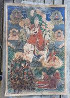 Toile Peinture à L'huile Style Thangka Tibétain Bouddha Nombreux Personnages éléphant Blanc 93x62.5 Non Signé - Huiles