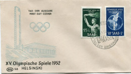 SARRE ENVELOPPE 1er JOUR P.A.C. DES N°301 / 302 JEUX OLYMPIQUES D'HELSINKI AVEC OBL SAARBRUCKEN ?-4-52 - FDC