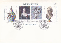 SWEDISH ROCOCO ART, PORCELAIN, PAINTING, SCULPTURE, STAMPS SHEET ON COVER, 1979, SWEDEN - Lettres & Documents