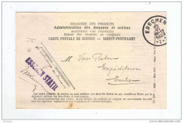 Carte De Service Douanes Et Accises ESSCHEN 1929 - Griffe Linéaire Violette ESSCHEN STATIE --  B5/438 - Franchise