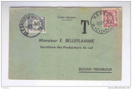 Carte Privée Origine XHENDELESSE TP Sceau De L'Etat HERVE 1951 Vers BLEGNY TREMBLEUR - Taxée Timbre-Taxe 50 C --  B5/437 - Storia Postale