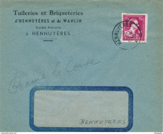 YY014 --  Enveloppe TP Moins 10 % - Surcharge Locale HENNUYERES - Entete Tuileries Briqueteries D' Hennuyeres Et Wanlin - 1946 -10%