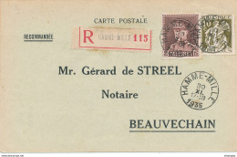 YY002 --  Carte RECOMMANDEE TP Képi Et Cérès HAMME-MILLE 1935  - Expéditeur Snappe-Libert à TOURINNES LA GROSSE - 1931-1934 Mütze (Képi)