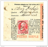 PERMIS De PECHE à 1 Franc - TP Grosse Barbe NANDRIN 1910 - Verso Cachet RRR NAMUR Station MANDATS--  WW766 - Volantini Postali