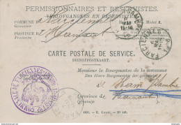 ZZ884 - Carte De Service Permissionnaires Et Réservistes 1906 - Administration Communale De FARCIENNES Vers HAM S/SAMBRE - Storia Postale