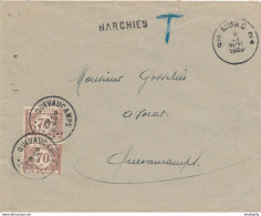 ZZ823 - Lettre Non Affranchie GRIFFE D' Origine HARCHIES Via MONS 1936 - Taxée 2 X 70 C à QUEVAUCAMPS - Langstempel