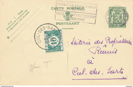 XX947 -- Entier Petit Sceau BRUXELLES 4/11/1938 Vers CUL DES SARTS - Manque 5 C Depuis Le 1/11/38 , Donc Taxée 10 C - Postkarten 1934-1951
