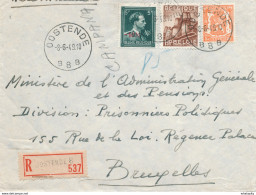 177/29 -  Lettre Recommandée TP Col Ouvert 5 F Moins 10 % Et Divers - OOSTENDE 8 En 1949 Vers BXL - 1946 -10%