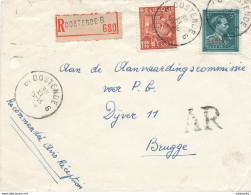 180/29 -  Lettre Recommandée + AR TP Col Ouvert 5 F Moins 10 % Et Exportation - OOSTENDE 6 En 1948 Vers BXL - 1946 -10%