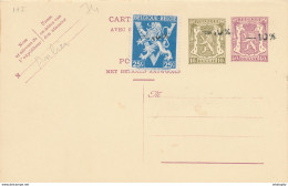 473/28 -- Entier Petit Sceau + TP Lion V MOINS 10 % - Double Avec Réponse Neuf - Surcharge 74 ANLIER - Postkarten 1934-1951
