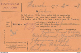 288/28 - Carte-Formule Du HAVRESAC UCCLOIS - Prisonnier Belge à HAMELN 1918 Vers BXL - Réception D'un Colis - Kriegsgefangenschaft