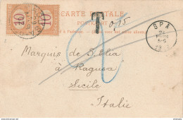 528/27 - Carte-Vue TP Armoiries SPA 1902 Vers La Sicile - Taxée 20 C à RAGUSA - Taxation Pour Timbres Coté Vue - Cartas & Documentos
