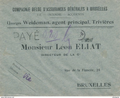 559/27 -  Enveloppe Port PAYE - Cachet De FORTUNE Grande Griffe De BINCHE - Entete Weidemann , Assurances à TRIVIERES - Noodstempels (1919)