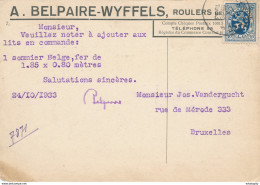 571/27 -  Carte Illustrée TP Lion Héraldique ROESELARE 1933 - Buanderie Culbutor , Belpaire-Wyffels - 1929-1937 León Heráldico