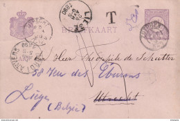 DDX 108 - Entier Nederland ZUTPHEN 1890 Vers UTRECHT, Puis LIEGE - Ambulant NORD 1 ANVERS - Taxation Simple= 5 Centimes - Ambulants