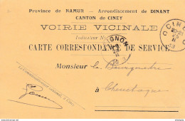 DDX 287 -- Carte De Service " Voirie Vicinale" Du Commissaire-Voyer CINEY 1913 Vers Bourgmestre De CHEVETOGNE (LEIGNON) - Franchigia