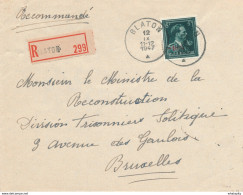 263/30 -  Lettre Recommandée TP Col Ouvert 5 F Moins 10 % - BLATON 1947 Vers BXL - Origine HARCHIES - 1946 -10%