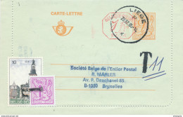 482/30 -- Carte-Lettre Moderne Tarif 10 F LIEGE 1984 Vers BXL - TAXEE Par Timbres-Poste 11 F - Cartes-lettres