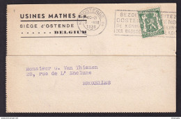 DDBB 002 - Carte Privée TP Petit Sceau OOSTENDE 2 En 1938 - Entete Usines Mathes - Slogan Bezoek Oostende - 1935-1949 Klein Staatswapen