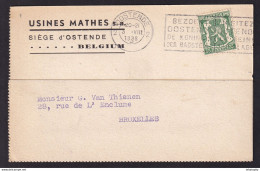 DDBB 002 - Carte Privée TP Petit Sceau OOSTENDE 2 En 1938 - Entete Usines Mathes - Slogan Bezoek Oostende - 1935-1949 Piccolo Sigillo Dello Stato