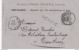 DDY 519 -Thème BRASSERIE - Belgique Imprimé TP 1 C VERVIERS 1891  - Griffe VERIFIE - Entete + Cachet Pierre Grosfils - Biere