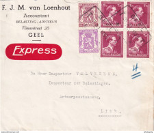DDY 503 - Enveloppe EXPRES TP Col Ouvert + SCeau Etat - Télégraphique GEEL TT 1950 - Entete Van Loenhout , Accountant - 1936-1957 Offener Kragen